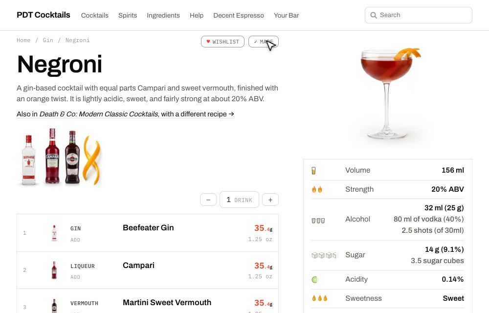 Saving a cocktail to the Wishlist