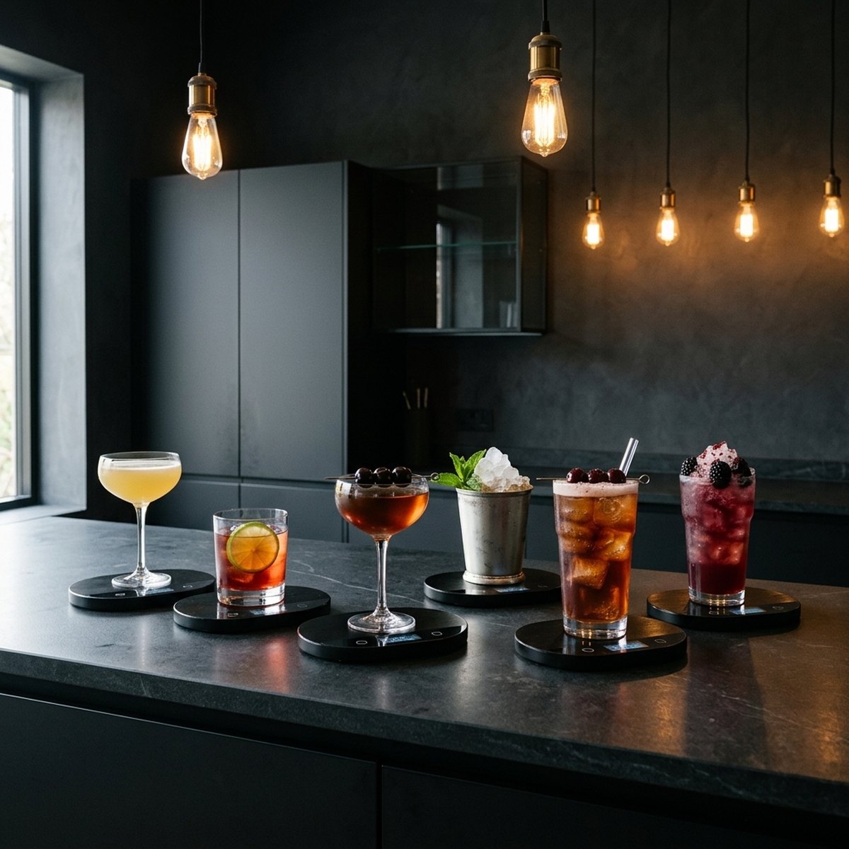 Six classic cocktails each on a Half Decent scale
