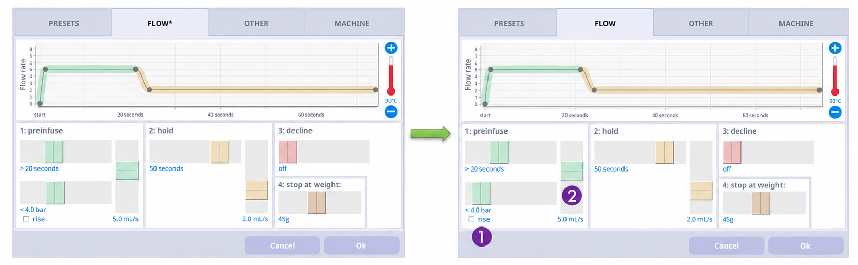 Preinfusion values to change