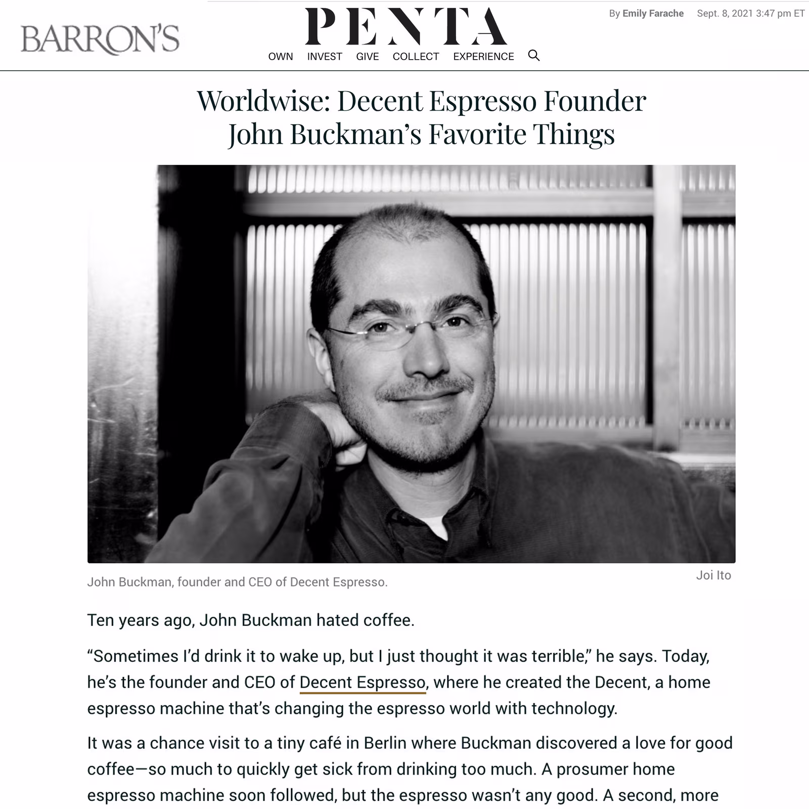 Screenshot of article about John Buckman