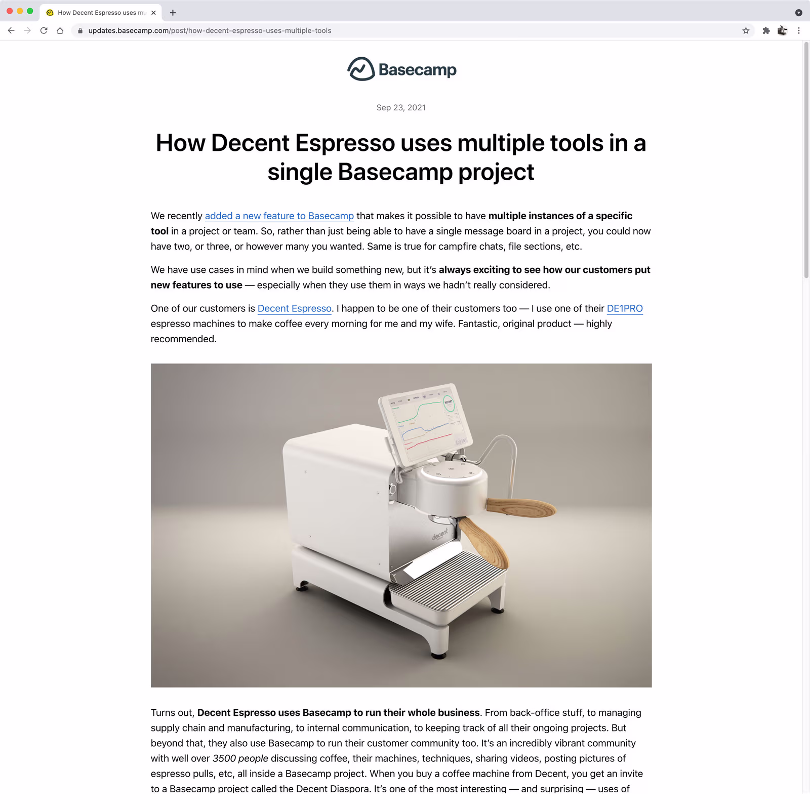 Screenshot article of how Decent is using Basecamp