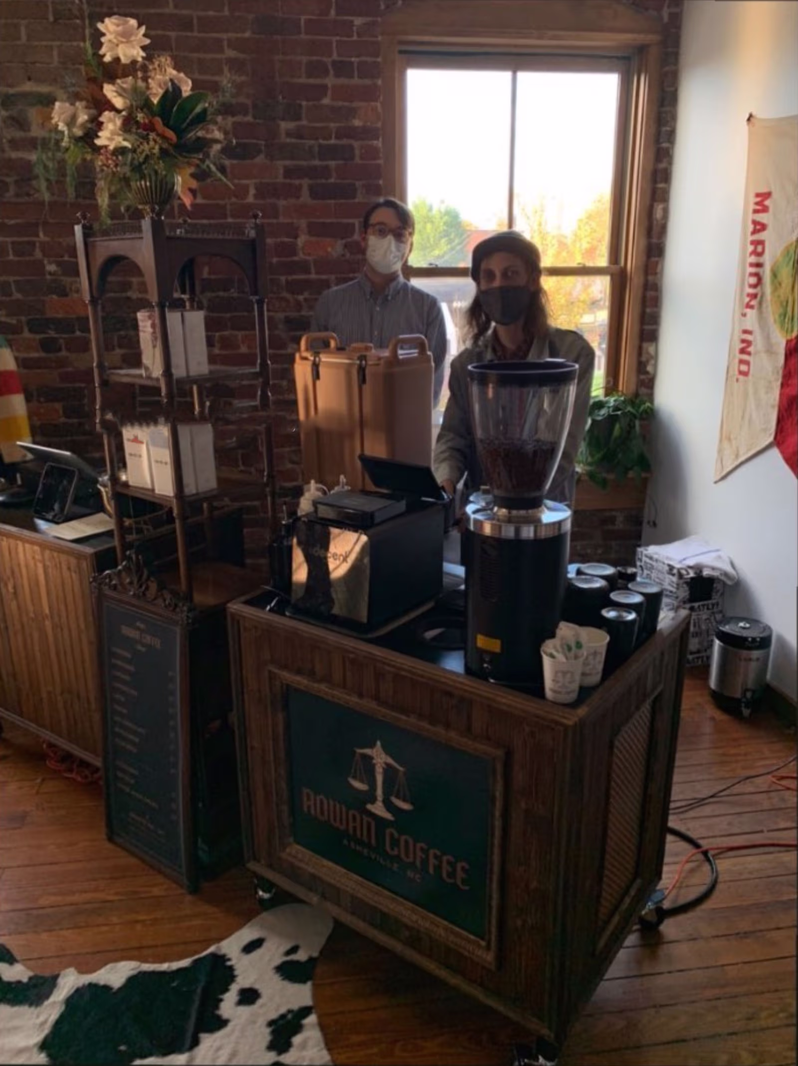 A coffee cart with wood panels