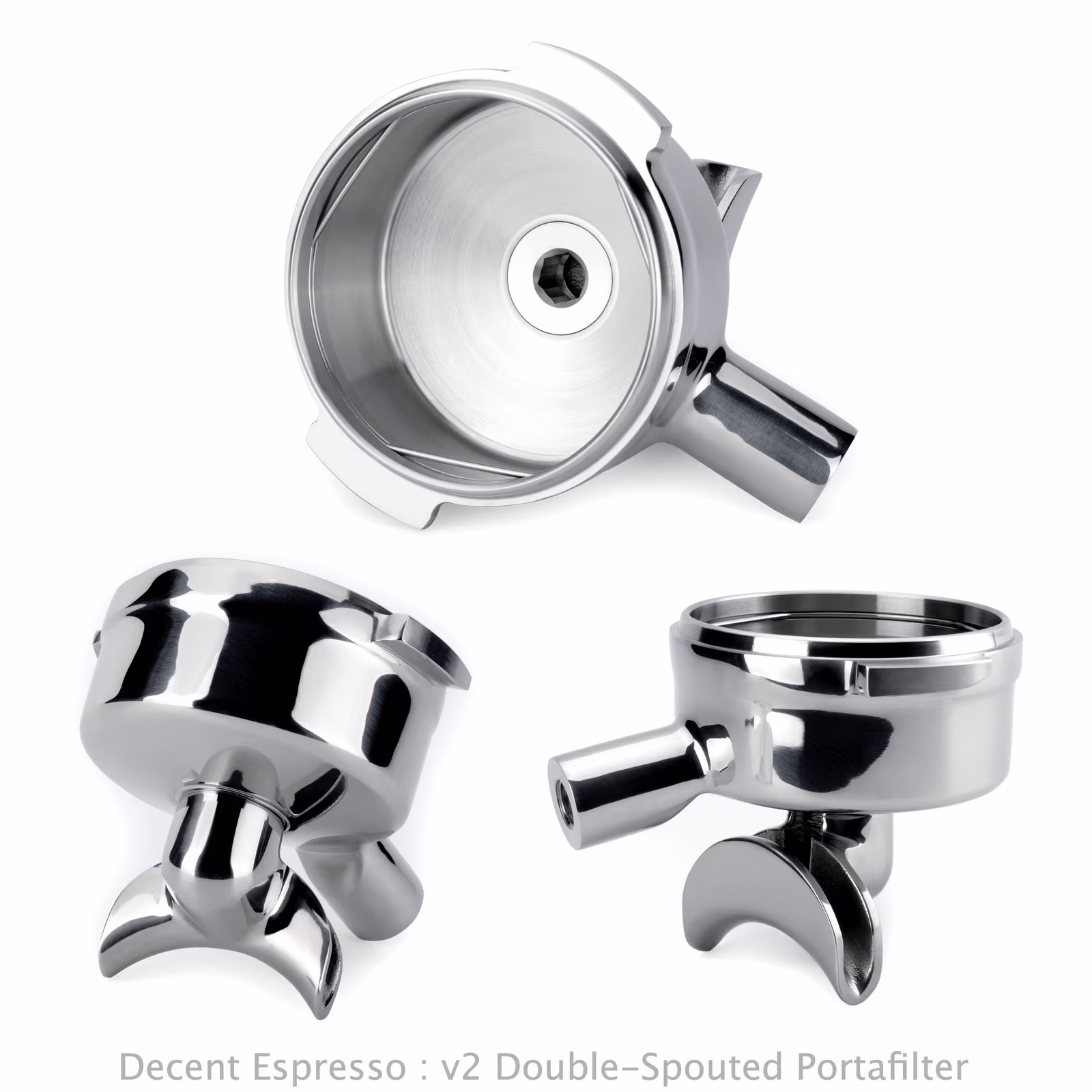 Double spouted portafilter V2 from all angles