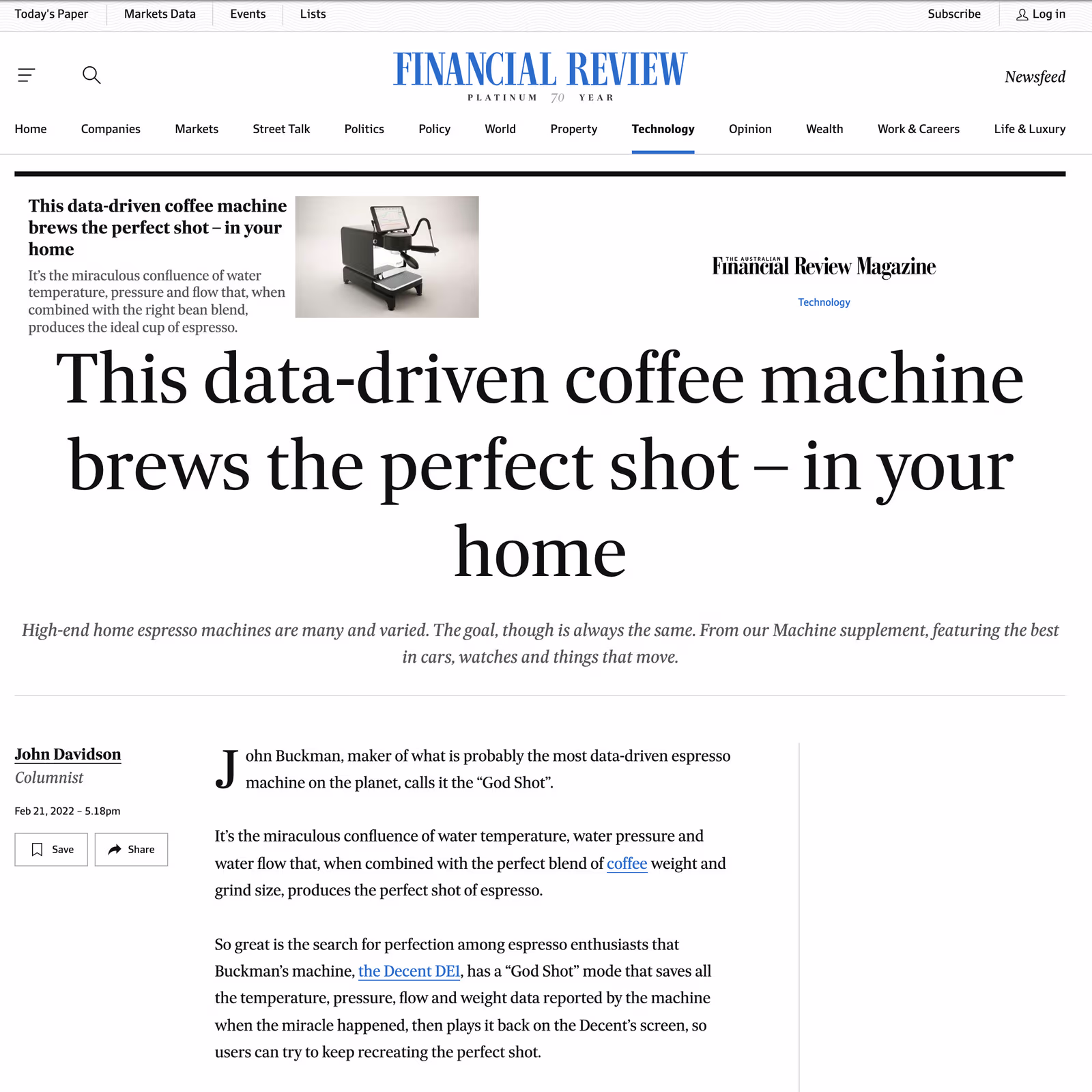 The Financial Review article on Decent