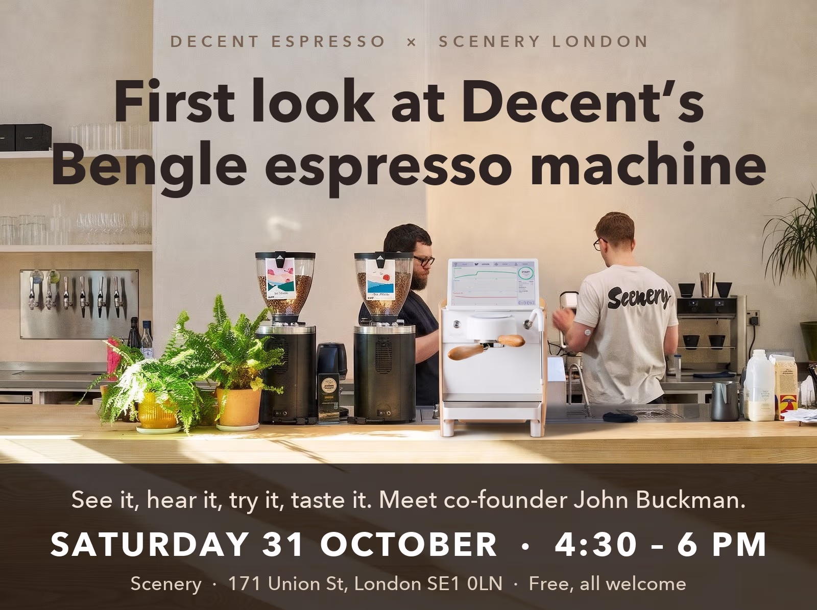 First look at Decent's Bengle espresso machine, Saturday 31 October 4:30-6pm at Scenery, London