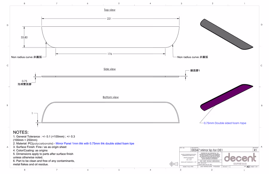Drawings of the mirror lip