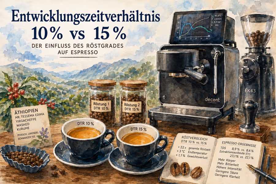 Auswirkung des Entwicklungzeitverhältnisses (DTR) auf von Kaffelogic gerösteten Espresso: ein Vergleich von 10 % und 15 % DTR