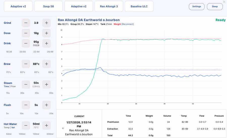 Die App „Streamline“ von Decent Espresso, Version „Developer Preview“