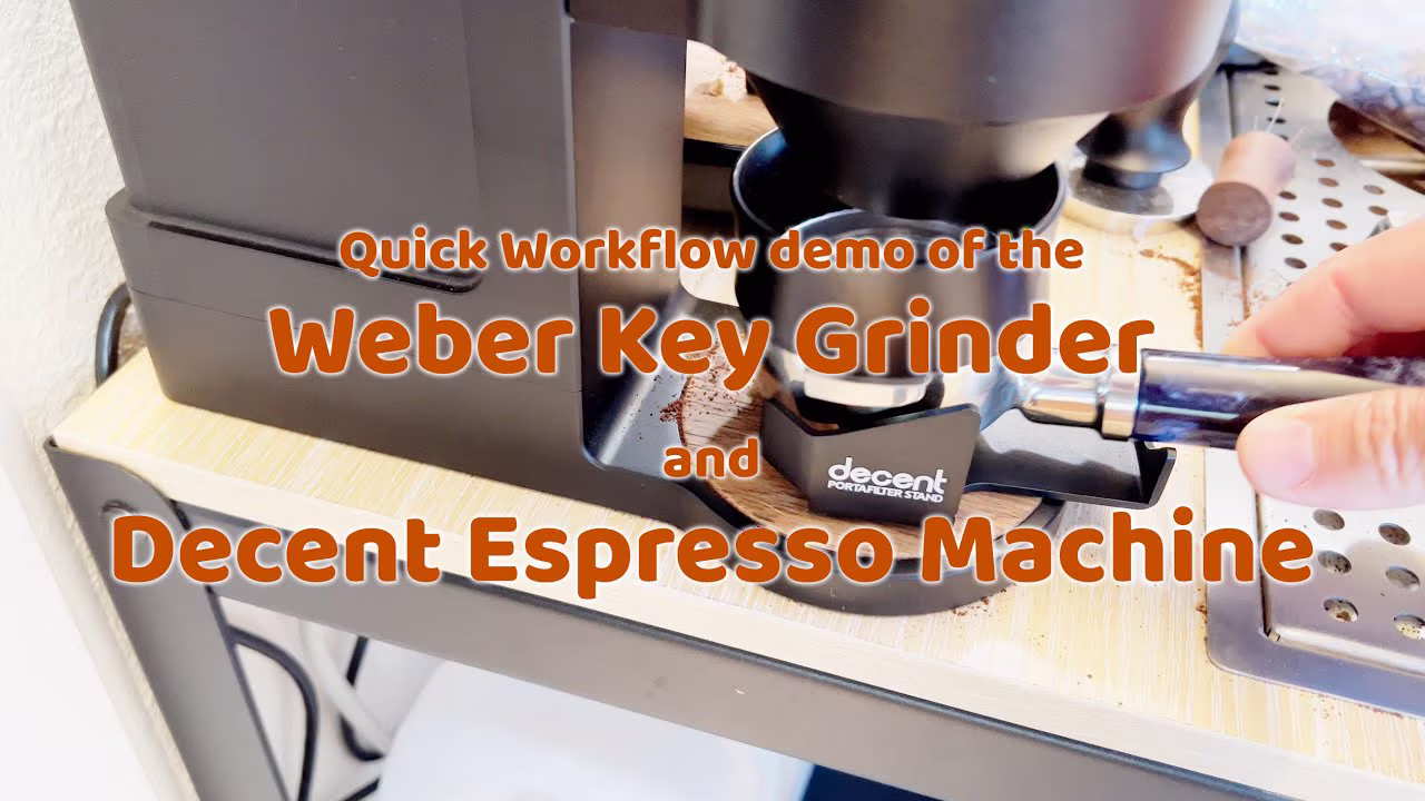 Workflow demo: my Weber Key Grinder, Decent DE1 & portafilter stand & funnel, making espresso