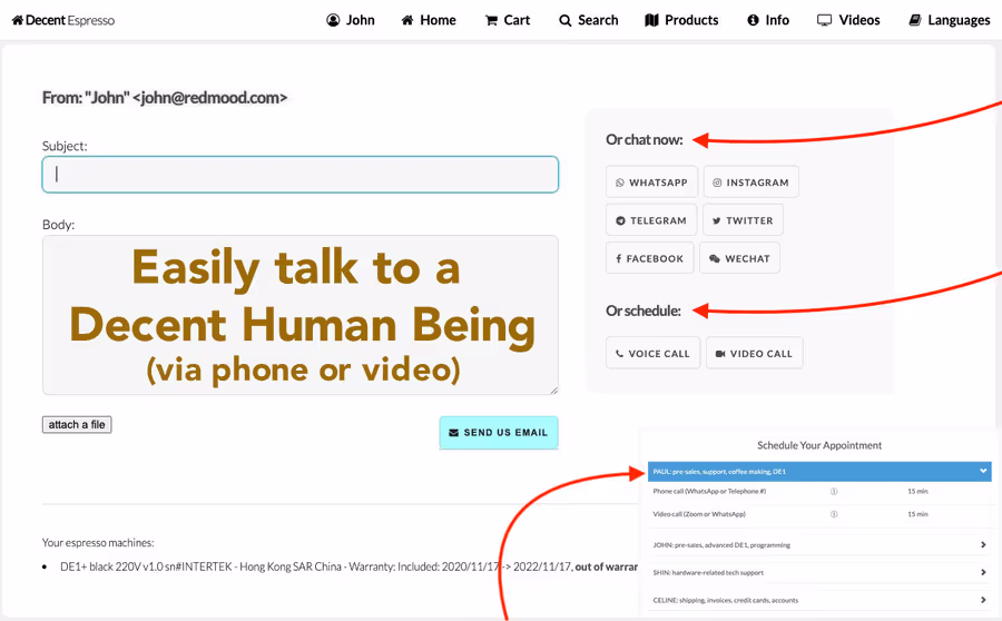 Einfache Kontaktaufnahme mit einem Menschen bei Decent (per Telefon oder Video)