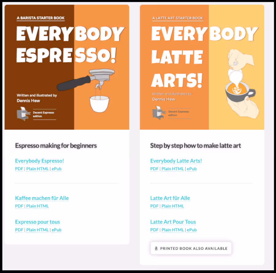 Nuestros libros gratuitos sobre el café expreso, ahora en inglés, francés, español y alemán