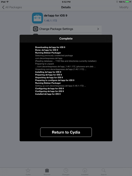 Cydia showing the install completed