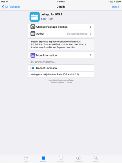 The de1app package details page with the Install button